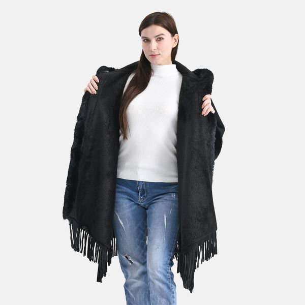 LA MAREY Poncho aus Webpelz mit Fransen und Fleecefutter, Einheitsgr&ouml;&szlig;e, Schwarz image number 3