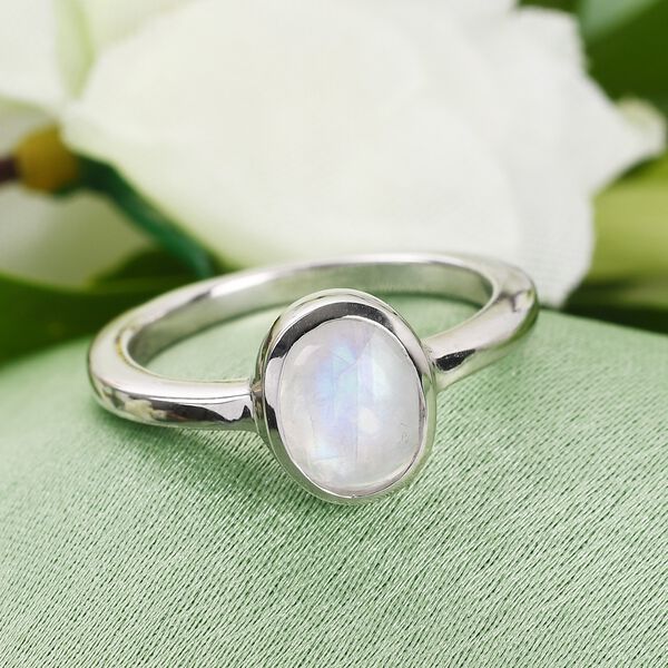 Regenbogen Mondstein Solitär Ring 925 Silber Platin-Überzug image number 2