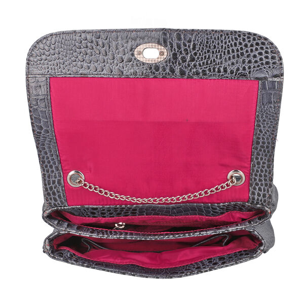 Umhängetasche aus echtem Leder mit Kroko-Prägung und Kettenriemen, Schwarz  image number 7