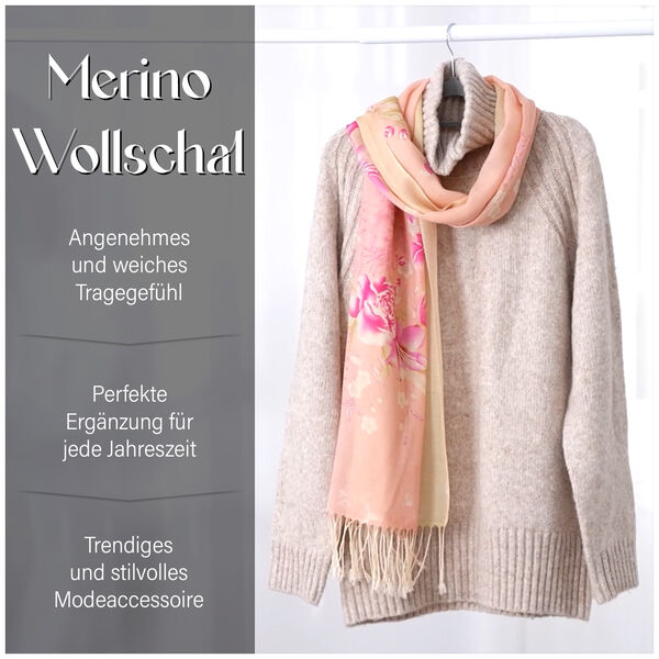 100% Merino Wollschal mit Quasten, rosa Blumenmuster image number 8