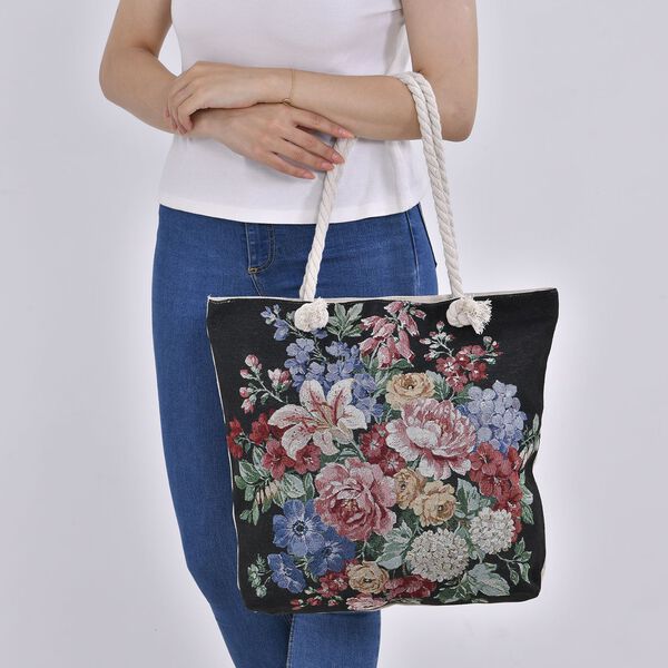 Gewebte Jutetasche mit buntem Blumenmuster, Maße: 42x34xx37cm, Schwarz image number 3