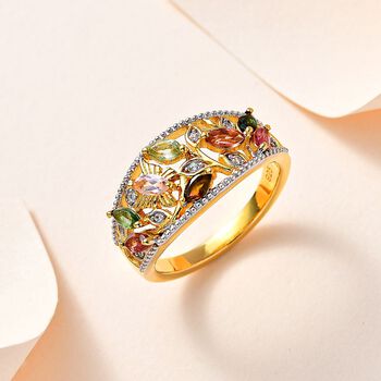Mehrfarbiger Turmalin, Wei&szlig;er Zirkon Ring, 925 Silber Gelbgold Vermeil, (Gr&ouml;&szlig;e 18.00) ca. 1.06 ct