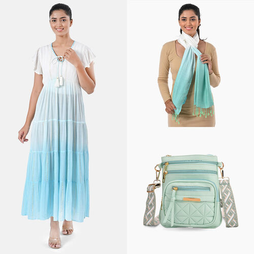 Maxikleid aus Viskose-Crepe mit Lurex Ombre-Schal mit Quasten aus Poly-Seide-Modal und Crossbody Tasche Mintgrün image number 0