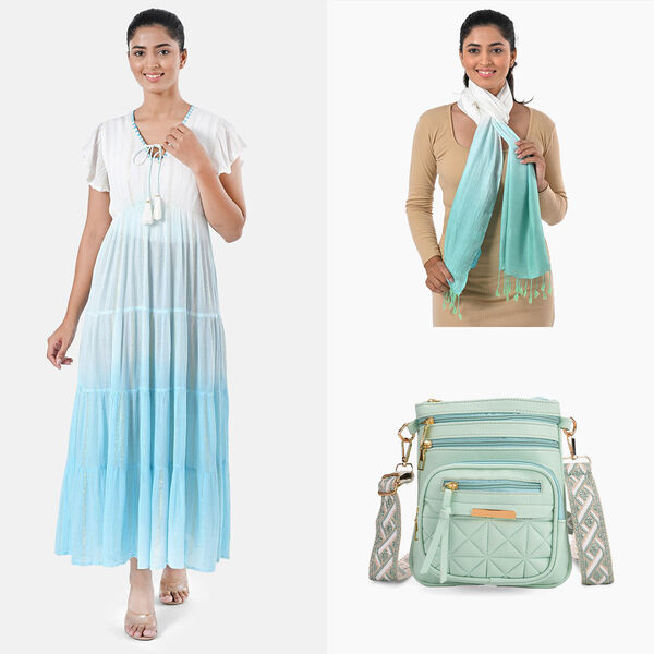 Maxikleid aus Viskose-Crepe mit Lurex Ombre-Schal mit Quasten aus Poly-Seide-Modal und Crossbody Tasche Mintgr&uuml;n image number 0