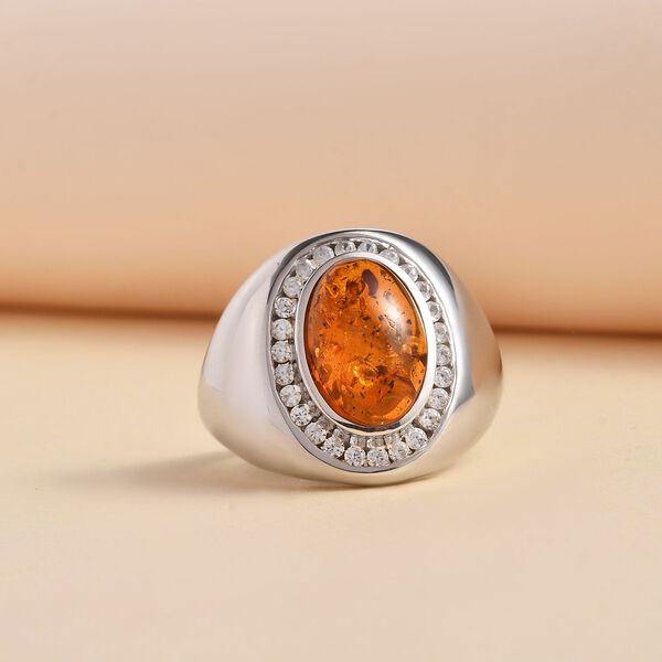 Natürlicher baltischer Bernstein, Weißer Zirkon Ring 925 Silber rhodiniert (Größe 17.00) ca. 1.71 ct image number 2