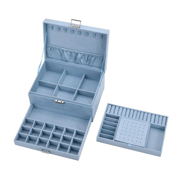 3-schichtige Schmuckbox aus Samt mit 5 Silberputztüchern in Blau, 24,5x17x11,5cm image number 6