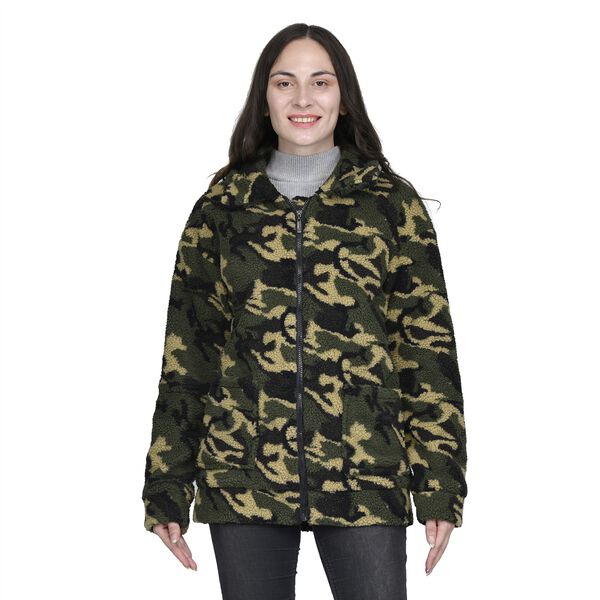 TAMSY - Kunstfell Jacke mit vorderem Rei&szlig;verschluss, Leopardenmuster, Gr&ouml;&szlig;e XL 117x78x60 cm, Tarnfarbe