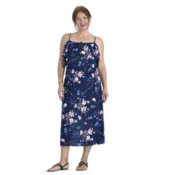 Midaxi-Kleid mit gesmokter Taille und Flatter&auml;rmeln, One Size, blau mit rosa Blumen