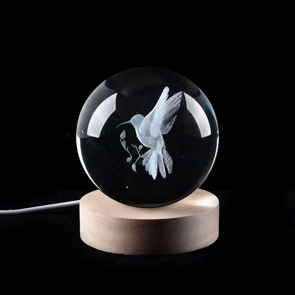 3D Kristallkugel mit LED-Licht und Holzsockel, Pusteblume image number 5