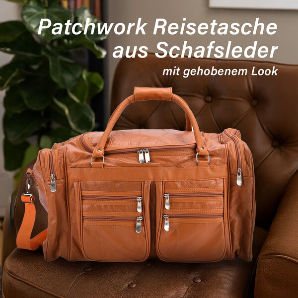Patchwork-Reisetasche aus Schafleder mit 6 Au&szlig;entaschen und Schulterriemen, 51x29x28 cm, Hellbraun image number 2