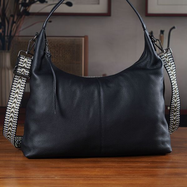 Echtleder-Hobo-Tasche mit abnehmbarem Schulterriemen, 41x10x35cm, Tiefschwarz image number 4