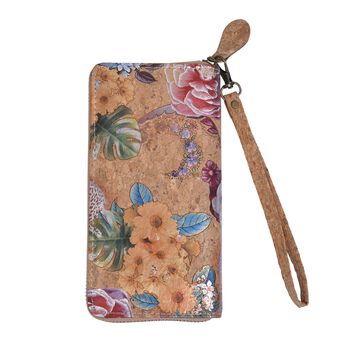 Kork Brieftasche mit RFID Schutz, blaue Bl&auml;tter, Khaki