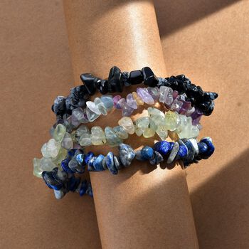4er-Set - Flexible Prehnit, mehrfarbige Fluorit, Schneeflocken Glasachat und Lapislazuli-Armb&auml;nder - 325 ct.