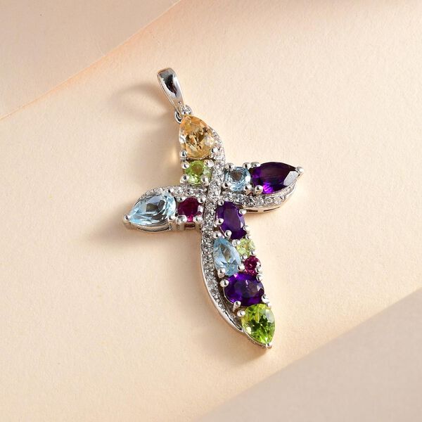Mehrfarbiger Edelstein Kreuz-Anh&auml;nger, 925 Silber platiniert ca. 3,13 ct image number 3