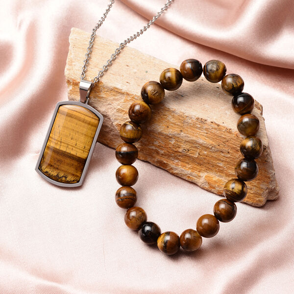 2er- Set Tigerauge flexibel Armband und Anh&auml;nger mit Kette ca. 60 cm in Edelstahl image number 1