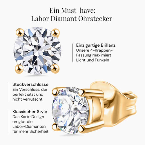 LUXURIANT VS Labor Diamant Ohrstecker, 925 Silber Gelbgold Vermeil - 1,50 ct. image number 2