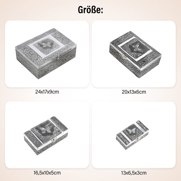 4-teiliges Set handgefertigter Aluminiumboxen mit Schmetterling-Motiv, Größen von 24x17x9 cm bis 13x6,5x3 cm image number 5