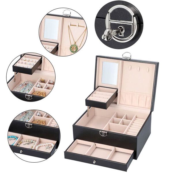 3-lagiges PU-Leder-Schmuckk&auml;stchen, herausnehmbare Elemente und Schloss, kariertes Steppmuster, schwarz image number 3