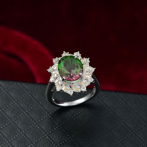Bloomfire - D joy Wassermelonen Quarz Triplette, Weißer Zirkon Ring, 925 Silber platiniert und vergoldet (Größe 21.00) ca. 4.17 ct image number 1