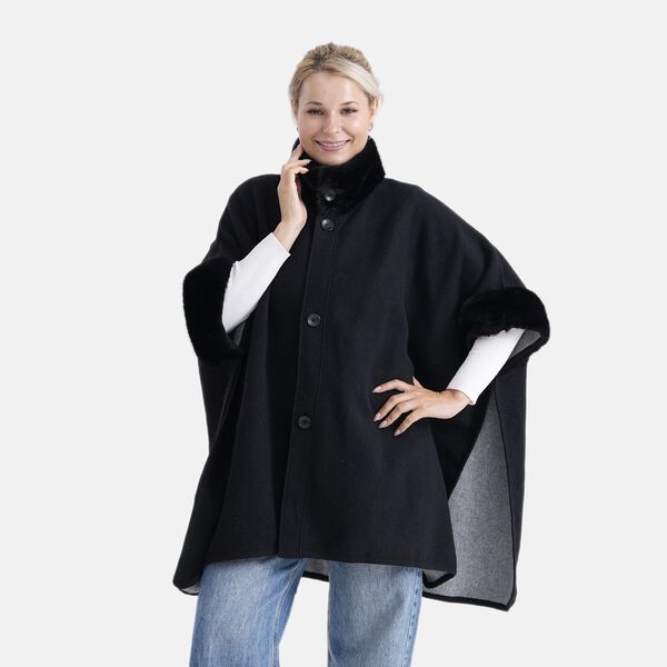 LA MAREY - Signature Kunstfell-Poncho mit Pl&uuml;schkragen und Umschlag&auml;rmeln, Einheitsgr&ouml;&szlig;e, Tiefschwarz image number 5