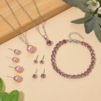 Rosa Muschelkernperle (8-12 mm), Rosa Kristall Schmuckset 316L Edelstahl, Nickelfreies Messing