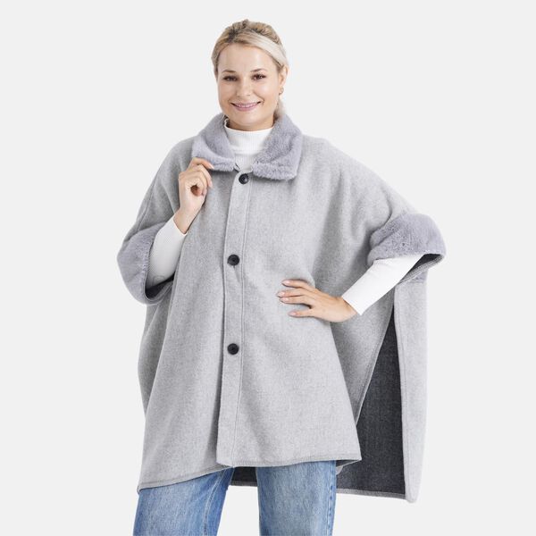 LA MAREY - Signature Kunstfell-Poncho mit Plüschkragen und Umschlagärmeln, Einheitsgröße, Grau image number 5