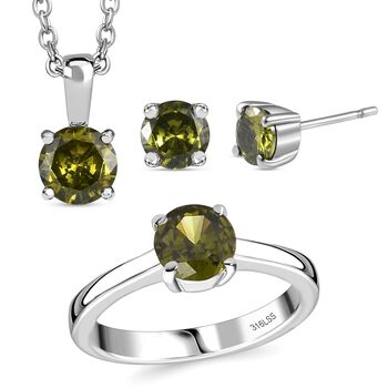 3er Set - Nat&uuml;rlicher Peridot Zirkonia Anh&auml;nger mit Kette, Ring und Ohrringe (Gr&ouml;&szlig;e 17.00), Edelstahl