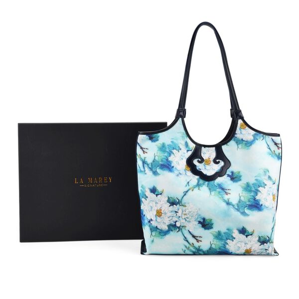 LA MAREY Brokat Handtasche aus Seide und Echtleder, 34x35x11,5cm, Hellblau image number 7