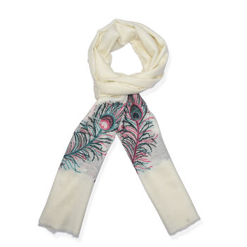 LA MAREY- 100% Kaschmirwolle Schal mit gewebten Federmotiven, Cr&egrave;me, 70x200cm