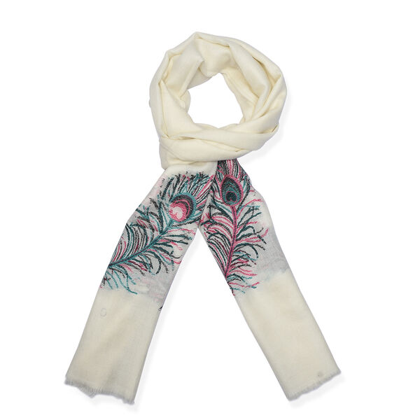 LA MAREY- 100% Kaschmirwolle Schal mit gewebten Federmotiven, Crème, 70x200cm image number 4