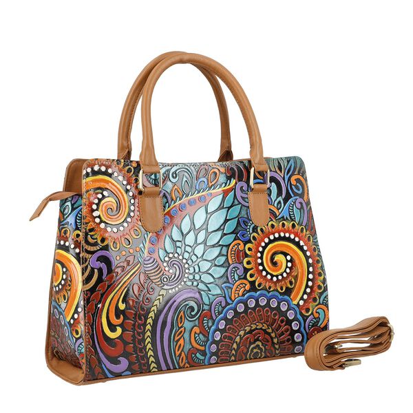 Handbemalte Satchel-Tasche aus 100% Echtleder mit kunstvoller Pr&auml;gung und Mandala-Design, 31x10x23cm, Blau-Tan image number 5