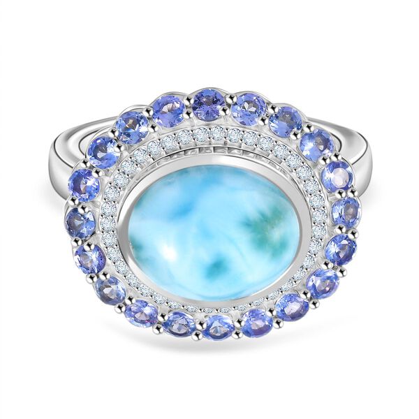 D'Joy Larimar, Tansanit Ring 925 Silber rhodiniert (Gr&ouml;&szlig;e 16.00) ca. 7,62 ct