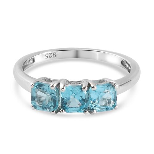 Blauer Apatit 3 Stein Ring 925 Silber Platin-Überzug image number 0