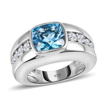 AA Elektrischer Blau Topas, wei&szlig;er Zirkon Ring, 925 Silber platiniert (Gr&ouml;&szlig;e 17.00) ca. 4.74 ct