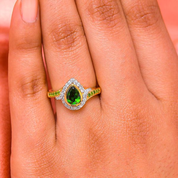 Nat&uuml;rlicher Chromdiopsid und wei&szlig;er Zirkon-Ring, 925 Silber vergoldet  ca. 1,09 ct image number 3