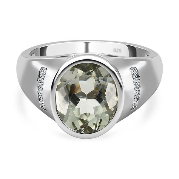 AAA Prasiolith, wei&szlig;er Zirkon Ring, 925 Silber platiniert (Gr&ouml;&szlig;e 19.00) ca. 3.52 ct