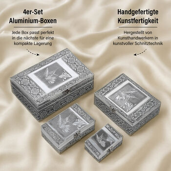 4-teiliges Set handgefertigter Aluminiumboxen mit Kolibri-Motiv, Gr&ouml;&szlig;en von 24x17x9 cm bis 13x6,5x3 cm