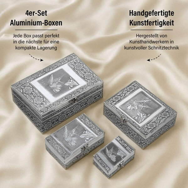 4-teiliges Set handgefertigter Aluminiumboxen mit Kolibri-Motiv, Größen von 24x17x9 cm bis 13x6,5x3 cm image number 2
