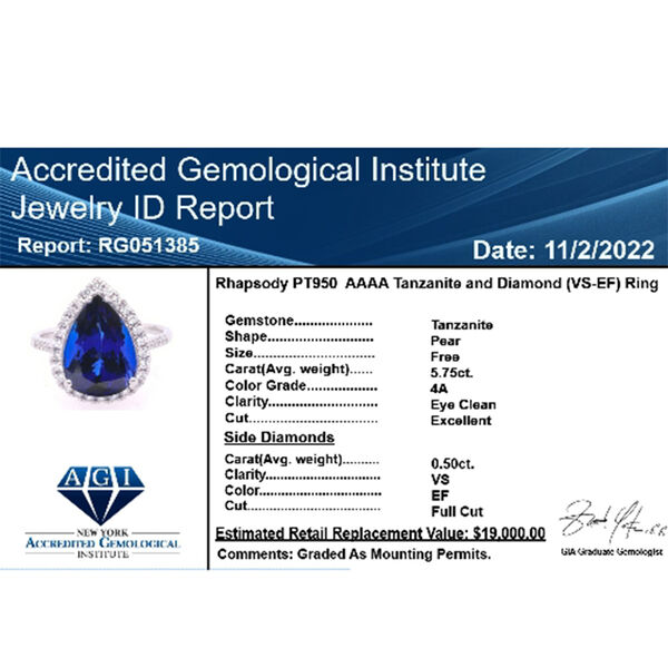 RHAPSODY zertifiziert und geprüft AAAA Tansanit und VS-EF Diamant Ring in 950 Platin - 6,25 ct. image number 6