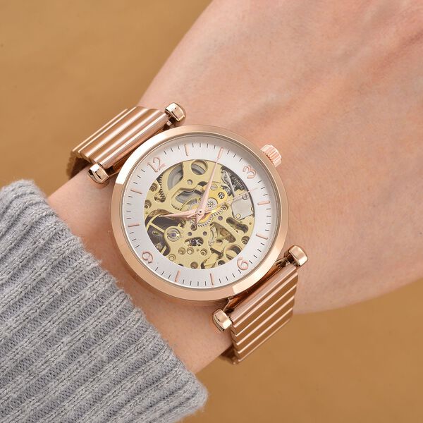 GENOA TIME V2 Automatik-Mechanische Uhr, weißes Zifferblatt mit Sonnenschein-Design, 3ATM Wasserdicht, 8.5 cm, roséfarben image number 2