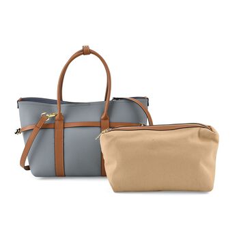 Leder Shopper Set 2 teilig mit Magnetfach und Rei&szlig;verschlussfach 35 x 11 x 20 cm Blau Braun