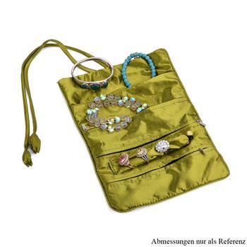Reise-Schmuckrolle mit Stickmuster, 1 Organizer + 5 Weinrote Silberputzt&uuml;cher, Satin, Olivgr&uuml;n