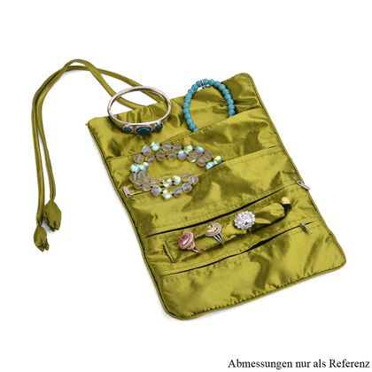 Eleganter Schmuckorganizer aus Satin mit Stickerei und 5 Premium-Poliert&uuml;chern, 20 x 9 cm, Olivgr&uuml;n