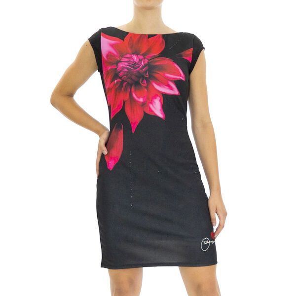 DESIGUAL, &Auml;rmelloses, k&ouml;rperbetontes Kleid mit rosa Blumendruck, Schwarz, Gr&ouml;&szlig;e- 40