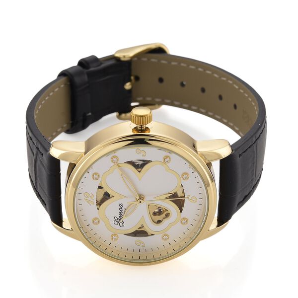 GENOA TIME V2 Automatikuhr mit Automatikwerk, Zifferblatt mit Blumenmuster und Moissaniten, schwarzes Lederarmband, 36 mm, ca. 0,08 ct. image number 5