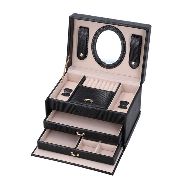 3-lagiger Schmuckkasten mit Schlangenhautmuster und Griff, Gr&ouml;&szlig;e 22x16x14 cm, Schwarz image number 5