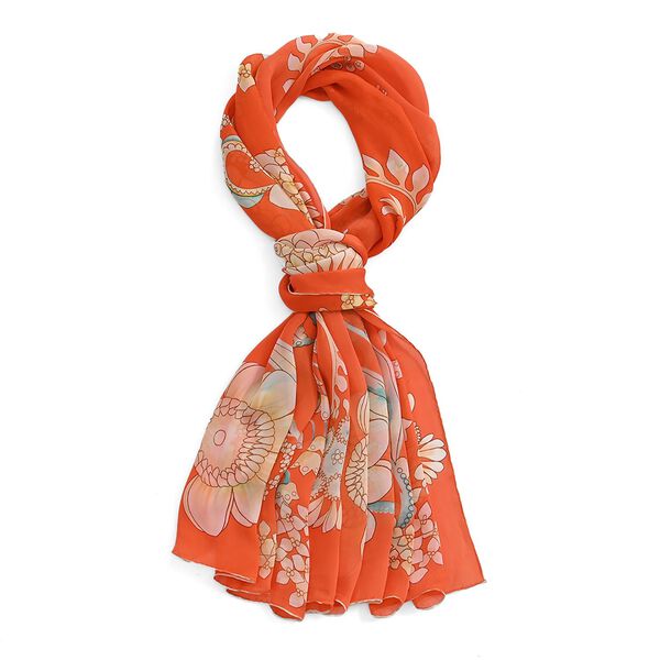 LA MAREY Signature Seidenschal aus 100% Maulbeerseide, 55 x 170 cm, Orange Floral image number 5