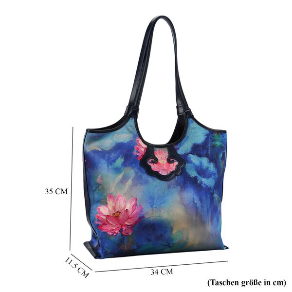 LA MAREY Brokat Handtasche aus Seide und Echtleder, 34x35x11,5cm, Blau mit rosa Blumen image number 6