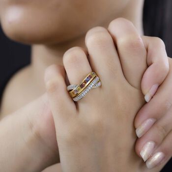 Mehrfarbiger Saphir, Wei&szlig;er Zirkon Ring, 925 Silber Gelbgold Vermeil (Gr&ouml;&szlig;e 18.00) ca. 2.12 ct