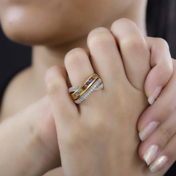 Mehrfarbiger Saphir, Weißer Zirkon Ring, 925 Silber Gelbgold Vermeil (Größe 18.00) ca. 2.12 ct image number 3